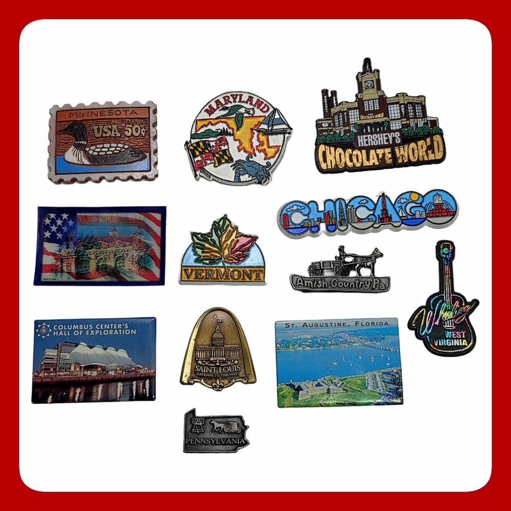 Vintage Souvenir Magnet Lot 12 USA Refrigerator Fridge Hershey Chicago State